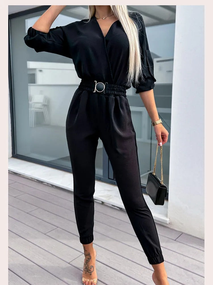 Merche einfarbiger Jumpsuit mit einfachem Umlegekragen