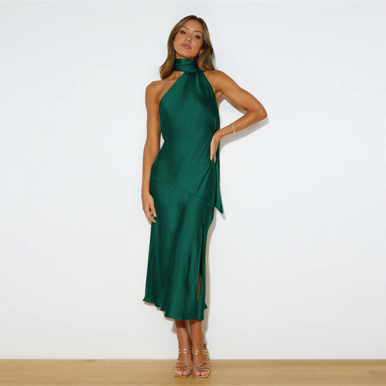 Frauen Satin Drapierung Split Hollow Dünn Elegantes Kleid