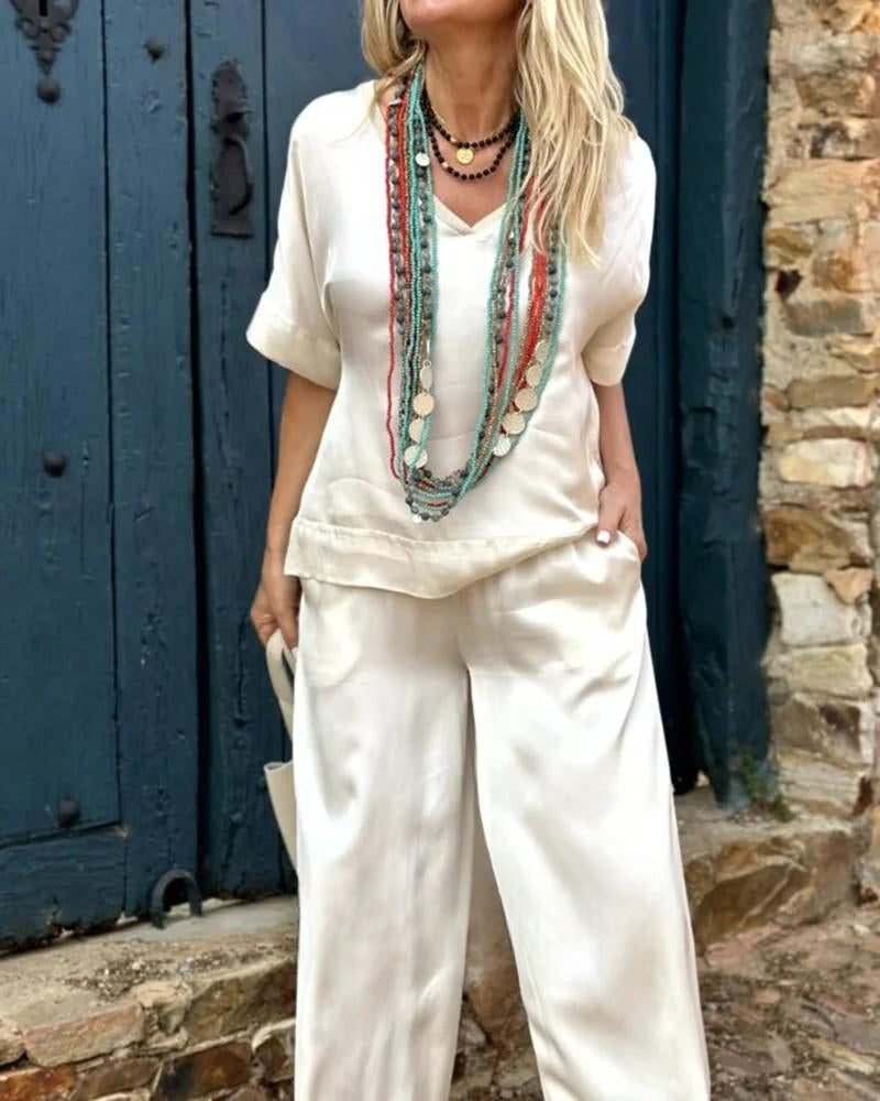Merche V-Ausschnitt Sommer Set mit einfarbigem Design