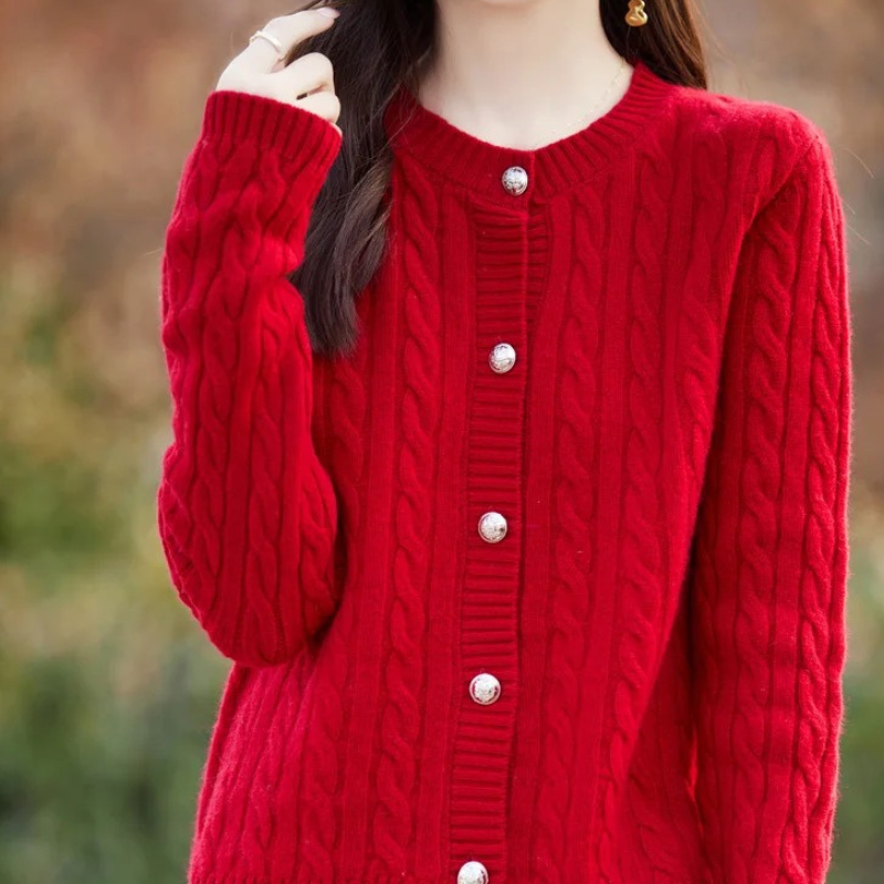 WW | Wollstrickjacke Damen Mit Zopfmuster Und Rundhalsausschnitt, Knopfleiste