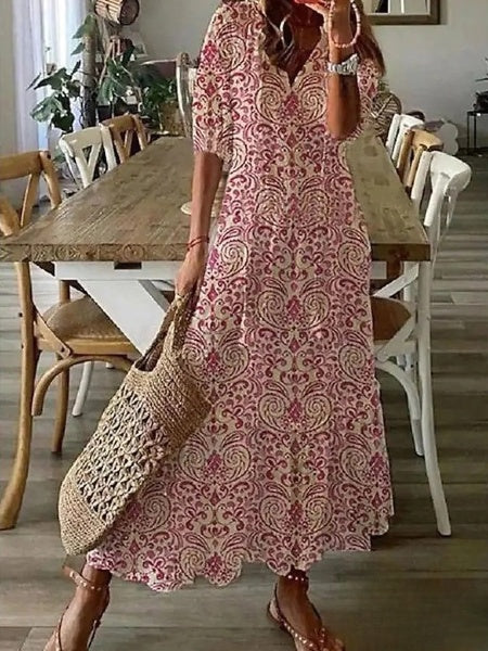 – Damenkleider Langes Kleid mit V-Ausschnitt, halblangen Ärmeln und aufgedrucktem Bart