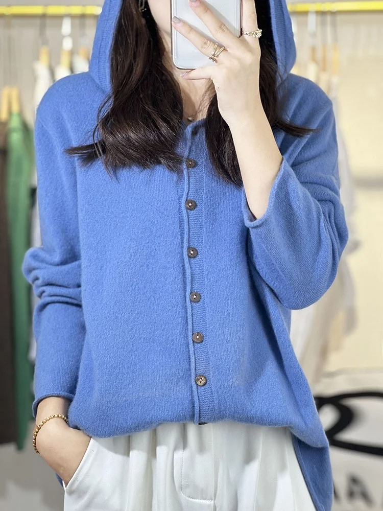 WW | Wollstrickjacke Damen Mit Kapuze Und Knopfleiste, Lässige Passform