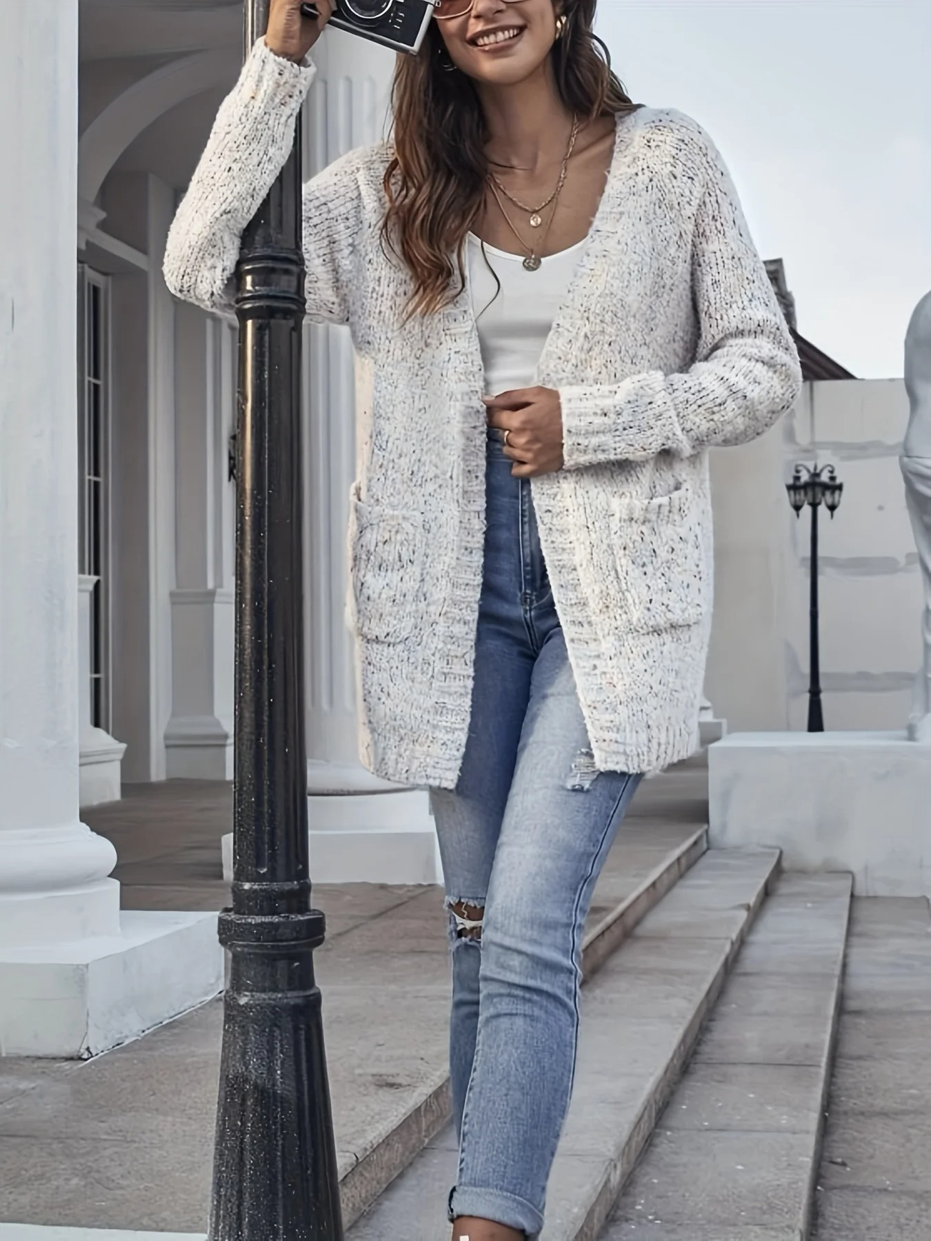 WW | Wollstrickjacke Damen Mit Offener Front Und Taschen, Lockerer Stil