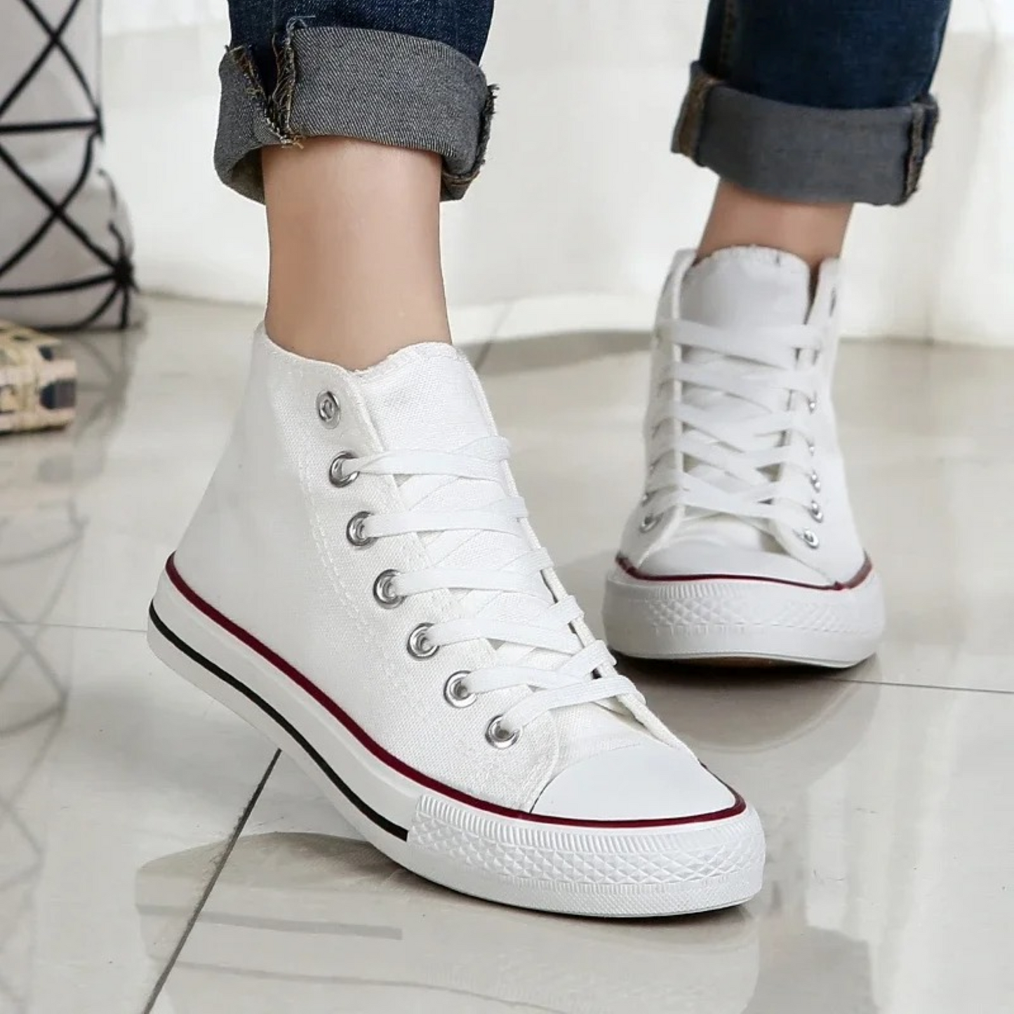 WW | Weiße Winddichte Damen Hohe Sneakers Mit Runder Spitze