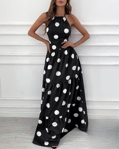 – Gerafftes Neckholder-Maxikleid mit Polka-Dot-Print