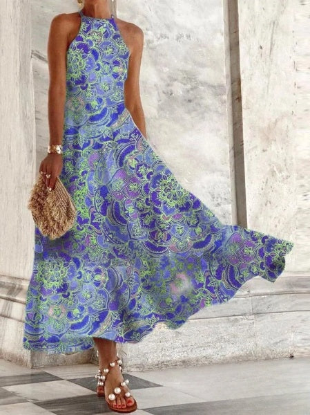 – Damenkleider, ärmelloses Kleid mit Vintage-Print und Neckholder
