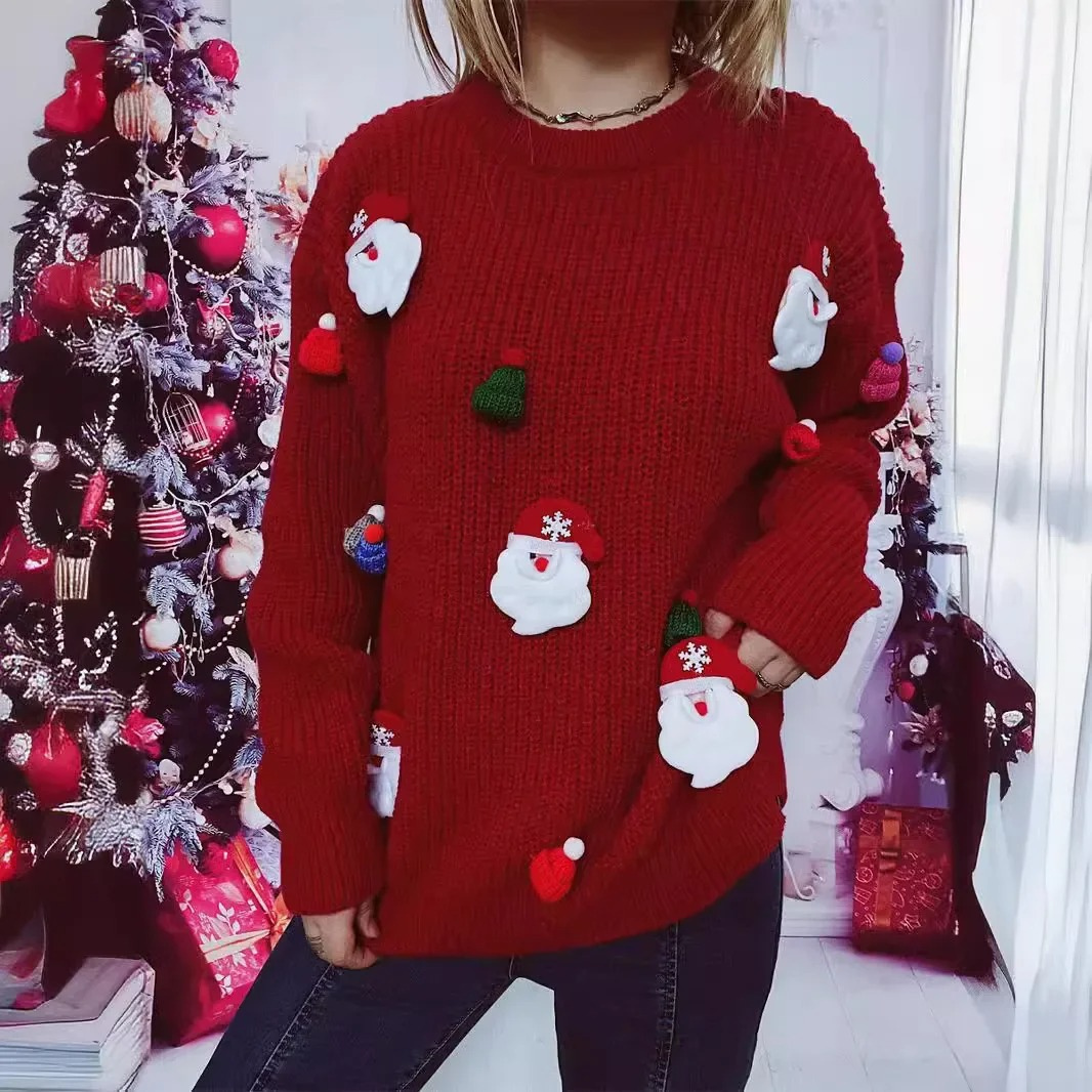 WW | Weihnachtspullover Mit Weihnachtsmann Applikationen Und Strickoptik