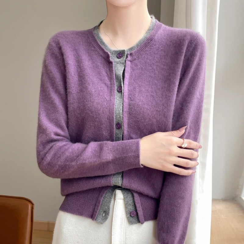 WW | Zweifarbige Wollstrickjacke Damen Mit Rundhalsausschnitt Und Knopfleiste