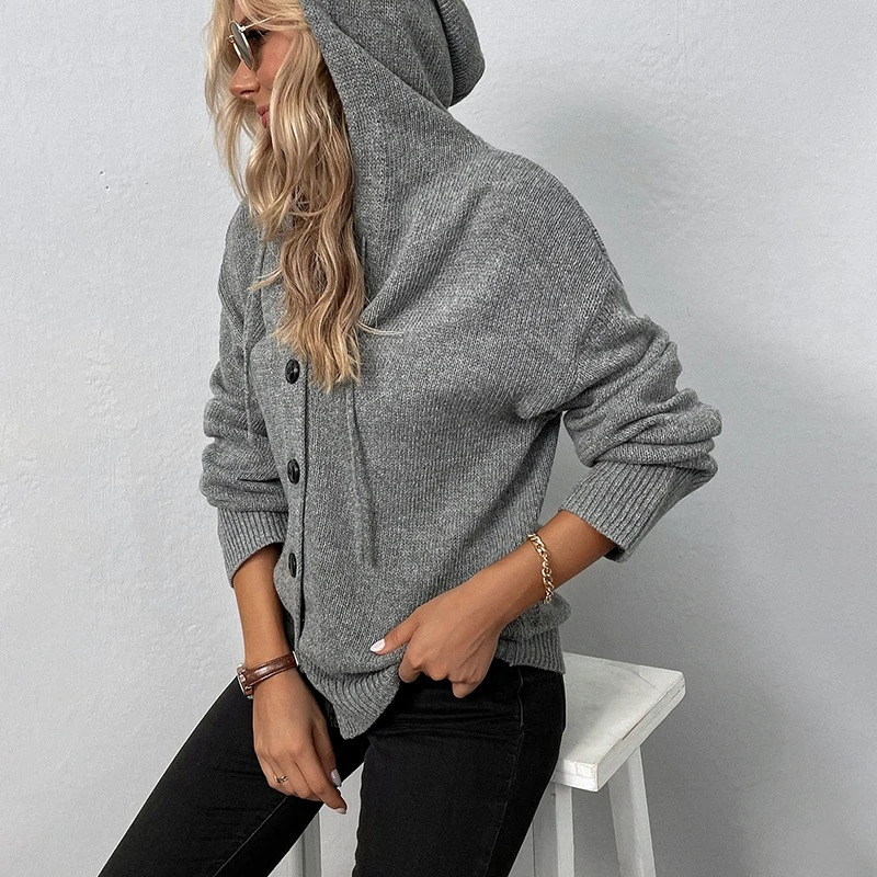 WW | Wollstrickjacke Damen Mit Kapuze Und Knopfleiste, Lässiger Stil