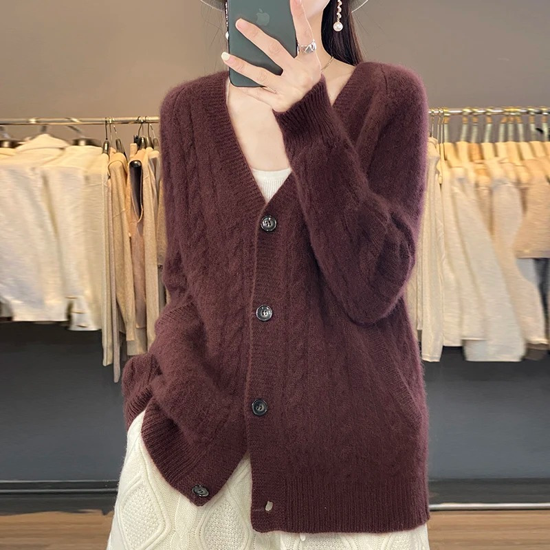 WW | Wollstrickjacke Damen Mit Zopfmuster Und V-ausschnitt, Knopfleiste