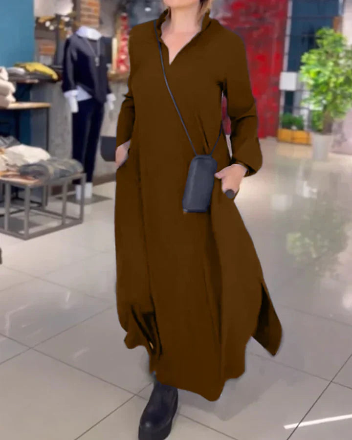Einfache Eleganz: Maxi Shift-Kleid mit Seitenschlitz aus Baumwollmischung-Perfekt fur alle Jahreszeiten