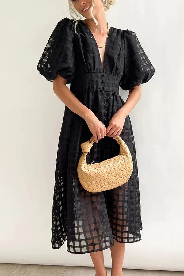 – Beauty-Midikleid aus Stoff mit quadratischem Print und Puffärmeln