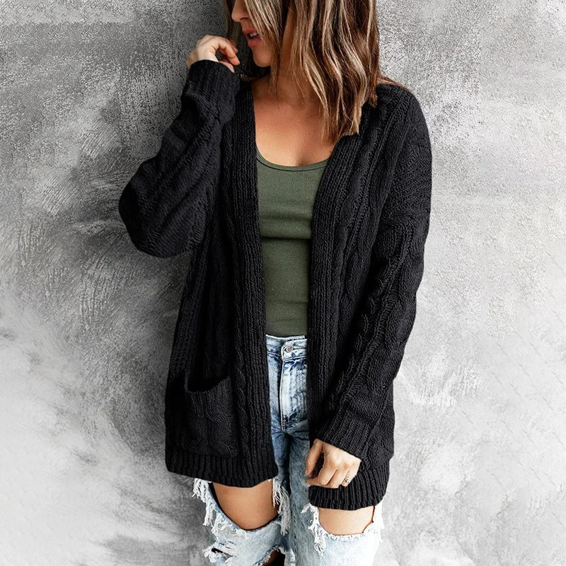 WW | Wollstrickjacke Damen Mit Zopfmuster, Offenes Design Und Taschen