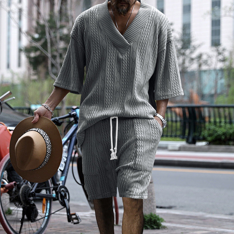 WW | Satz Aus Bequem Sitzendem Strickoberteil Mit V-ausschnitt Und Passenden Shorts