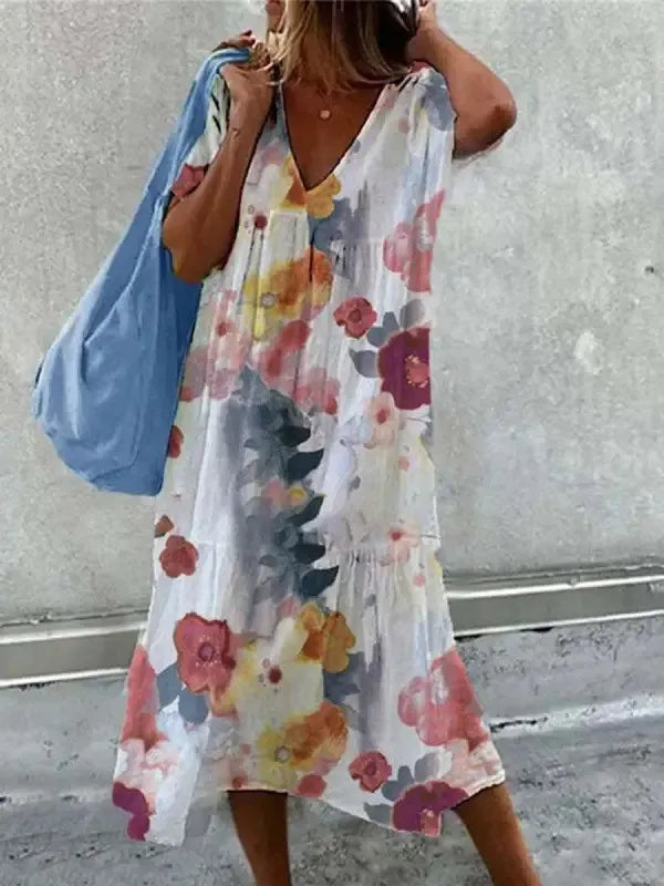 Boho-Strandkleid für Frauen Sommerkleid mit V-Ausschnitt und kurzen Ärmeln mit Blumenmuster