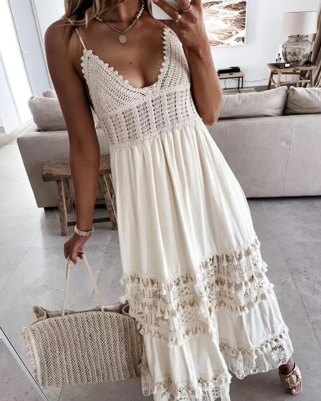 Damen Spitzenkleid Sexy V-Ausschnitt Boho Kleid Holiday Beach Dress