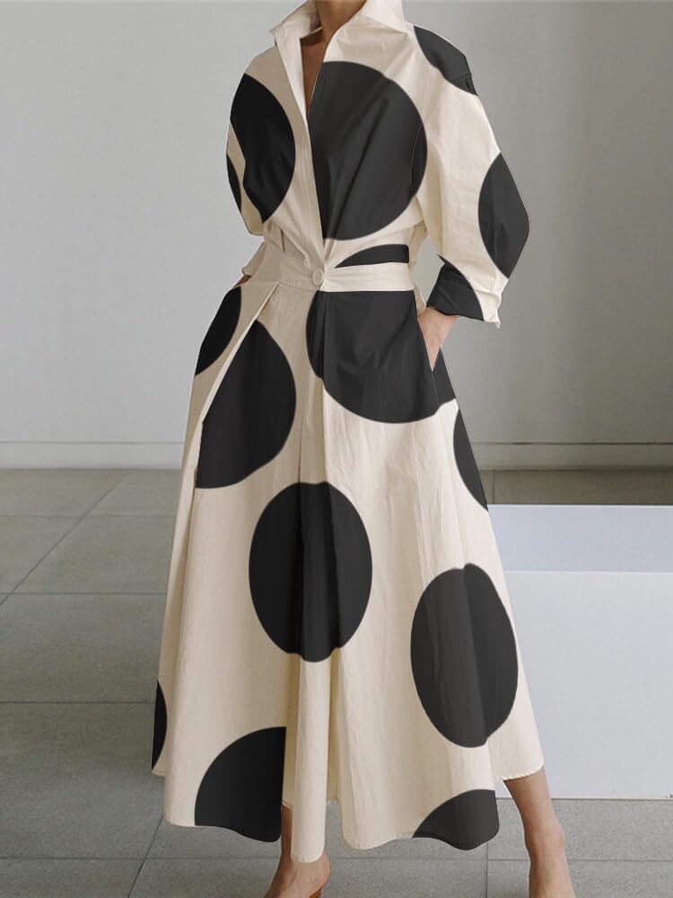 WW | Damen Freizeit Sommer Maxi Kleider Einfarbig Polka Dots V-ausschnitt Ärmellos Kurzarm Hemdkleid Langes Kleid Mit Taschen