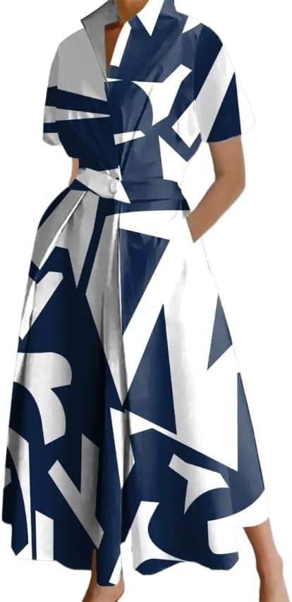 WW | Damen Freizeit Sommer Maxi Kleider Einfarbig Polka Dots V-ausschnitt Ärmellos Kurzarm Hemdkleid Langes Kleid Mit Taschen