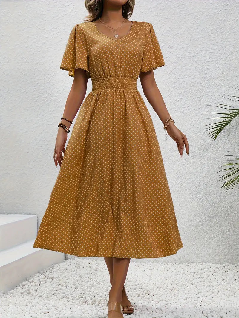– allover-print-kurzarmkleid mit geraffter taille für frühling und sommer