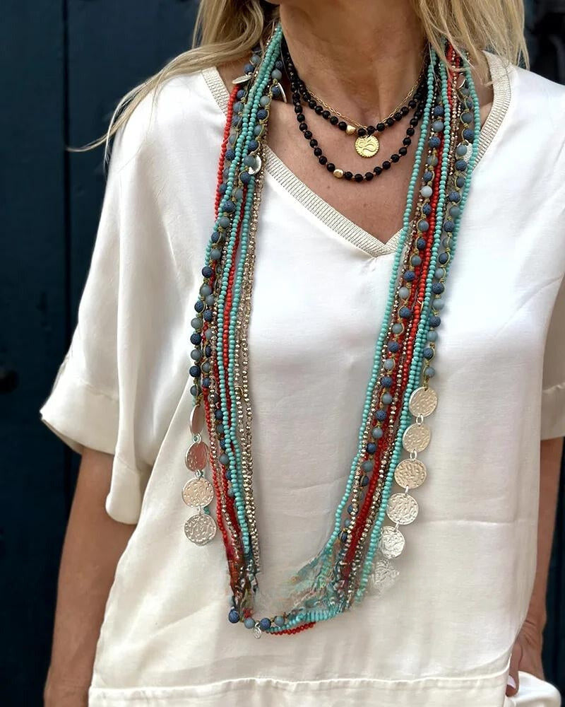 Merche V-Ausschnitt Sommer Set mit einfarbigem Design