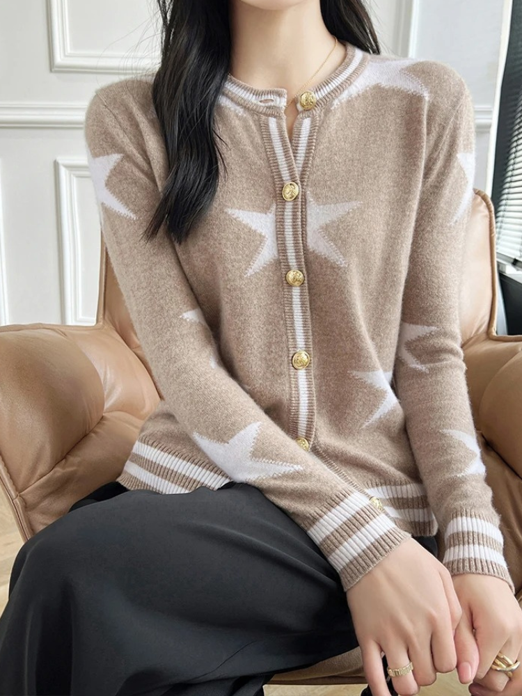 WW | Wollstrickjacke Damen Mit Sternenmuster Und Goldknöpfen