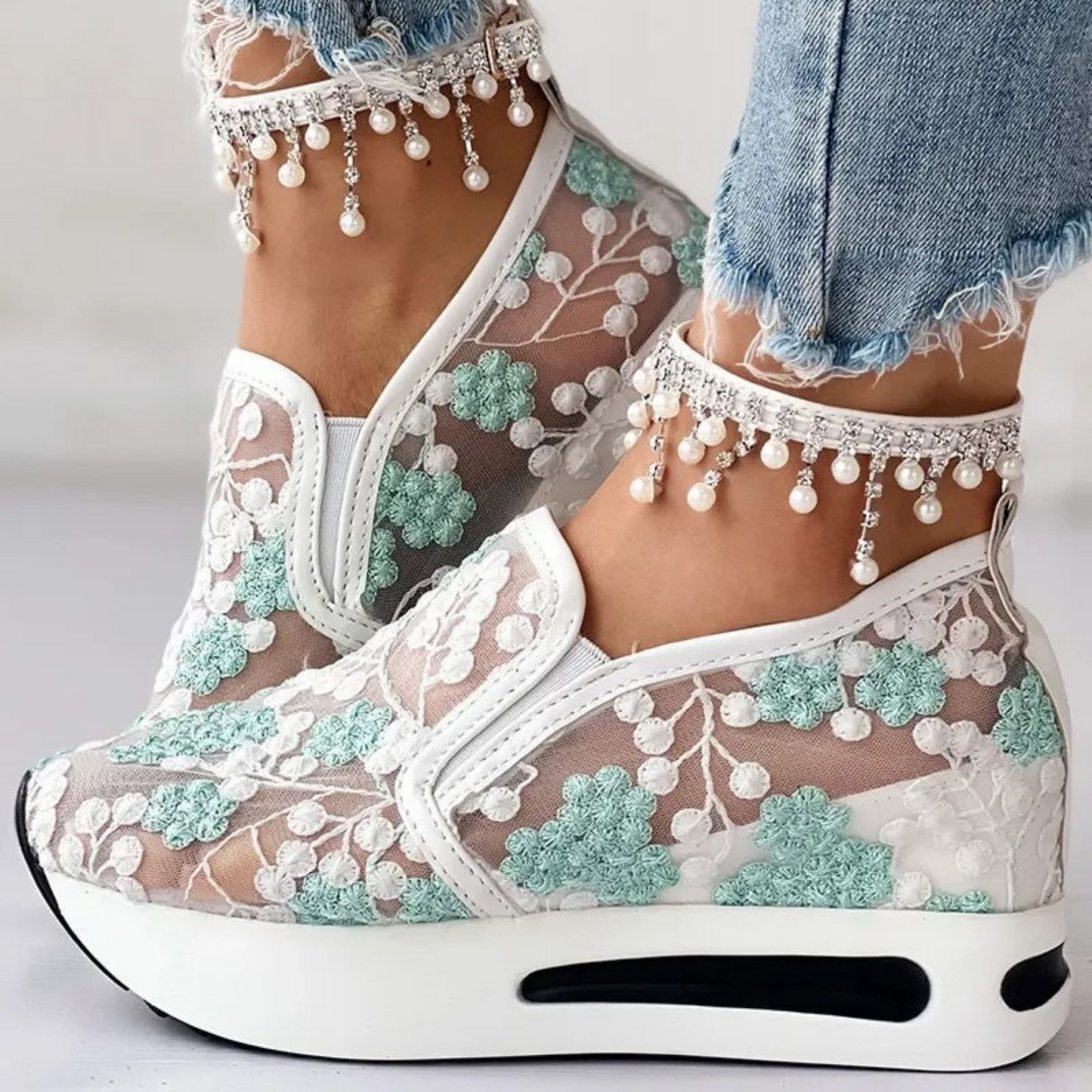WW | Weiße Bestickte Bequeme Orthopädische Damen Sneakers
