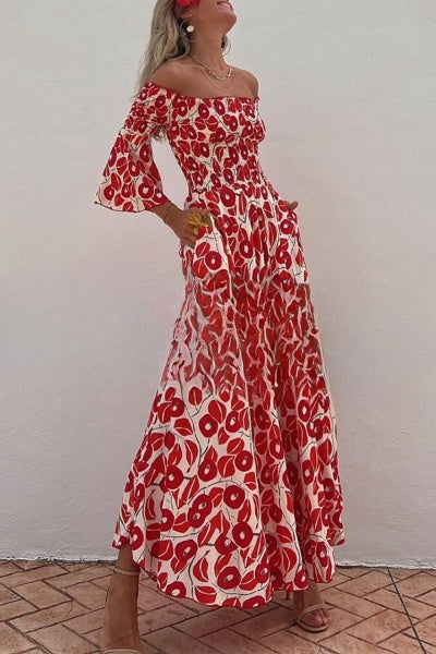 – Close To The Vacation Gesmoktes, schulterfreies Maxikleid mit Blumendruck und Taschen