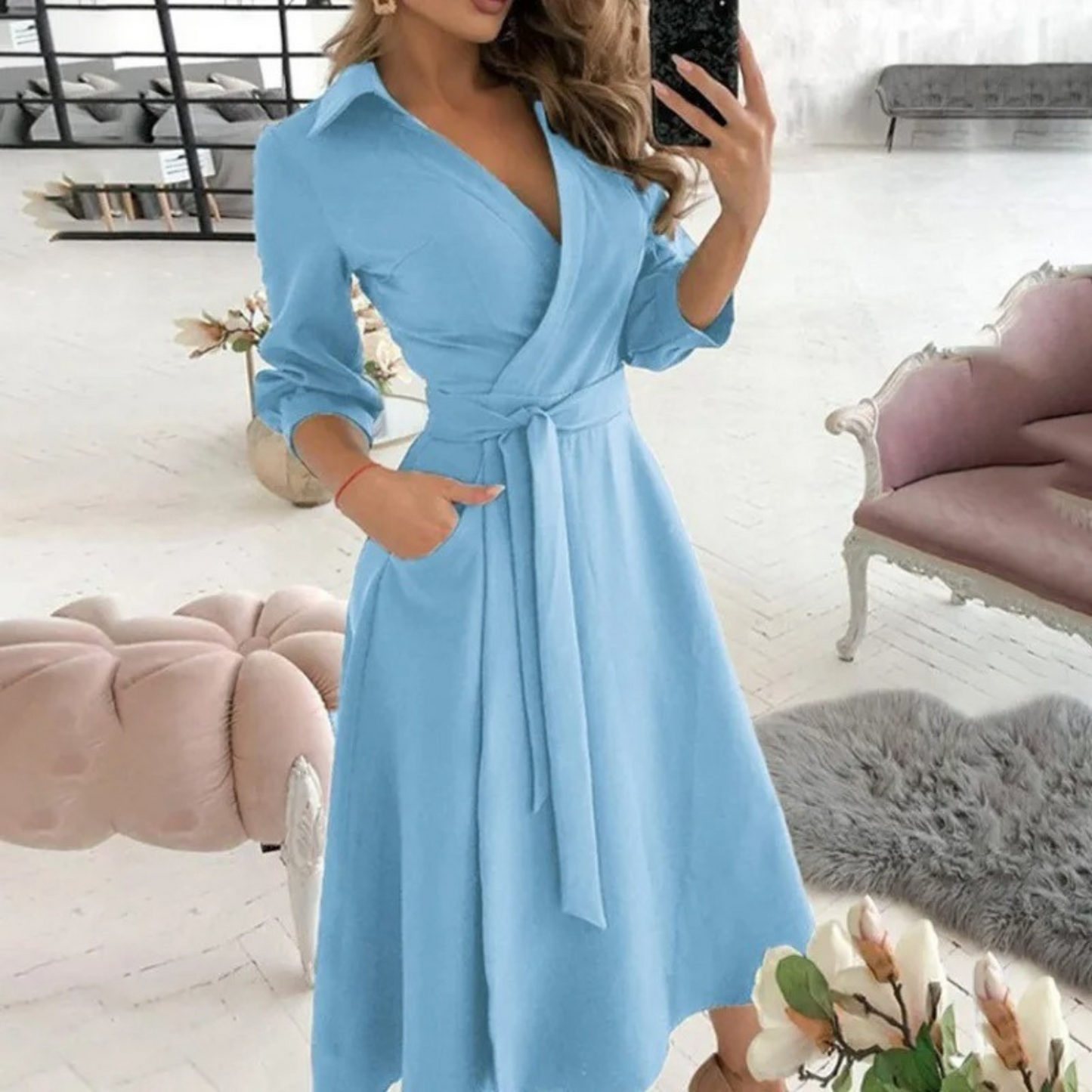 WW | Weiße Gepolsterte Reversband Bequeme Blusenkleid