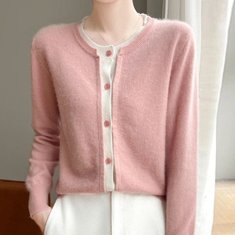 WW | Zweifarbige Wollstrickjacke Damen Mit Rundhalsausschnitt Und Knopfleiste