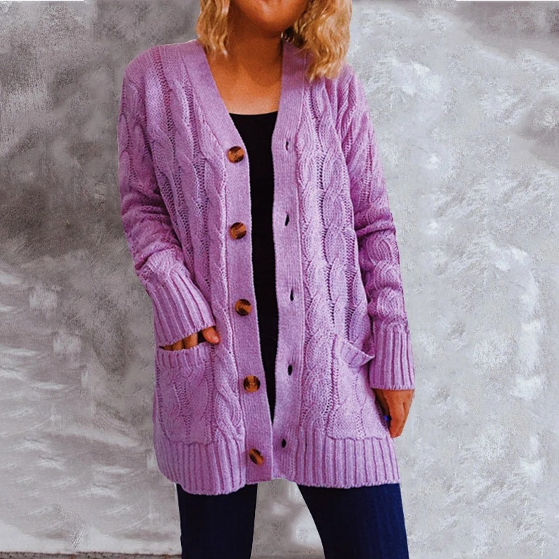 WW | Wollstrickjacke Damen Mit Zopfmuster Und Holzknöpfen, Lockere