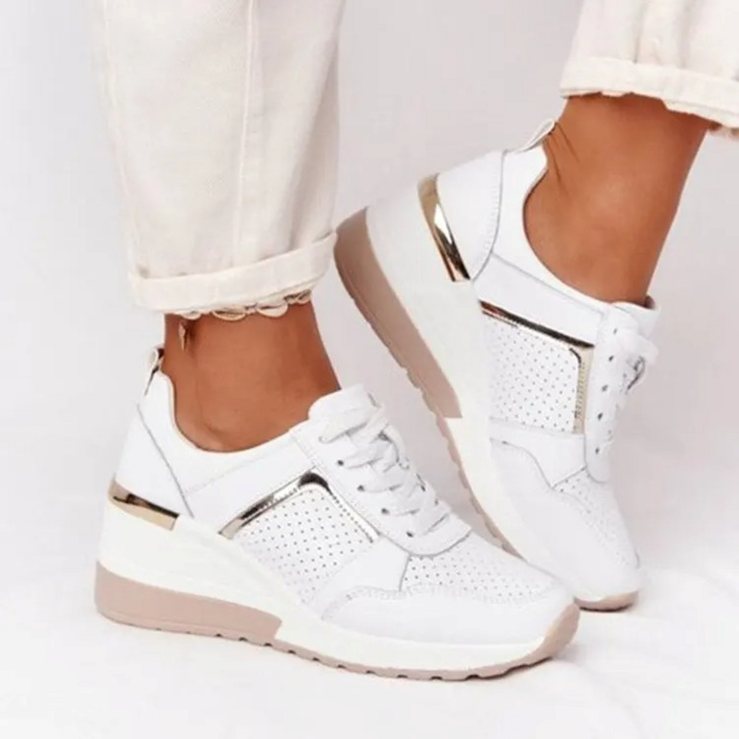 WW | Weiße Leder Atmungsaktive Leichte Schuhe Mit Keilabsatz