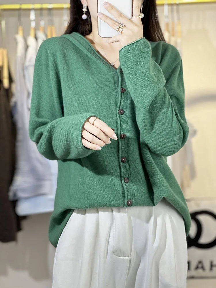 WW | Wollstrickjacke Damen Mit Kapuze Und Knopfleiste, Lässige Passform