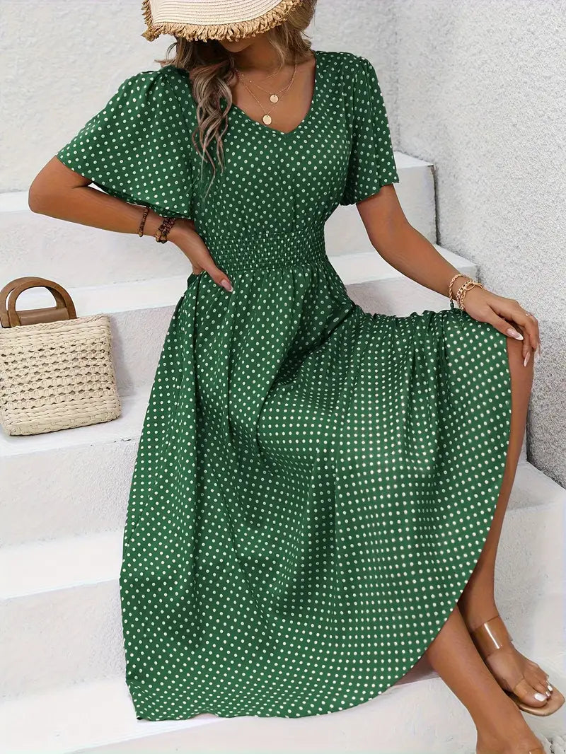 – allover-print-kurzarmkleid mit geraffter taille für frühling und sommer