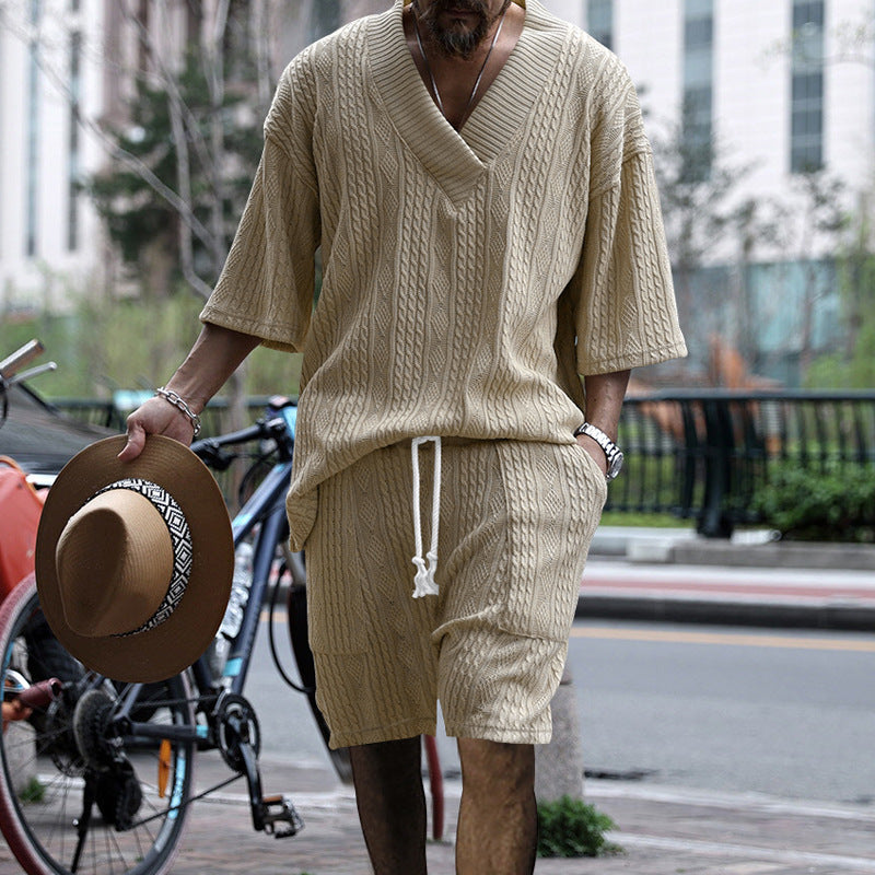 WW | Satz Aus Bequem Sitzendem Strickoberteil Mit V-ausschnitt Und Passenden Shorts