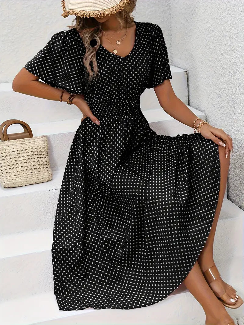 – allover-print-kurzarmkleid mit geraffter taille für frühling und sommer