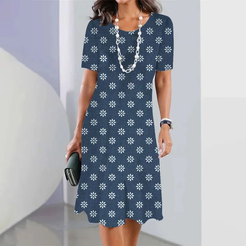 Lässiges Kurzarmkleid mit Blumenmuster, Rundhalsausschnitt und großer Größe