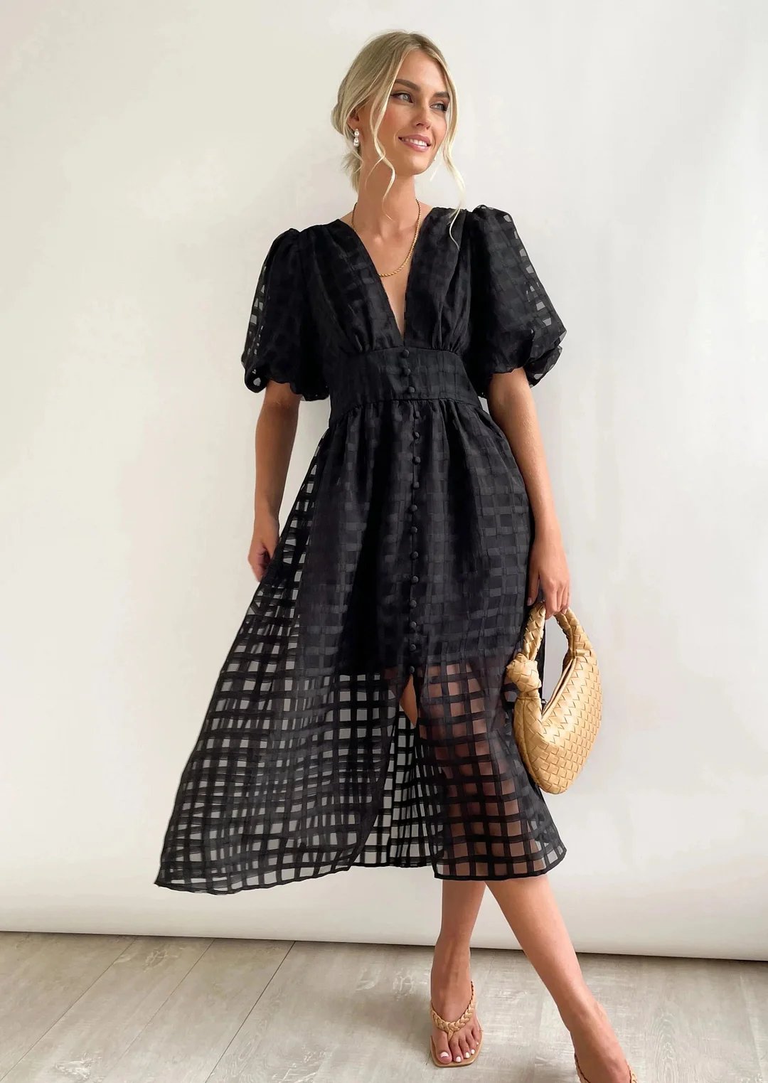 – Beauty-Midikleid aus Stoff mit quadratischem Print und Puffärmeln