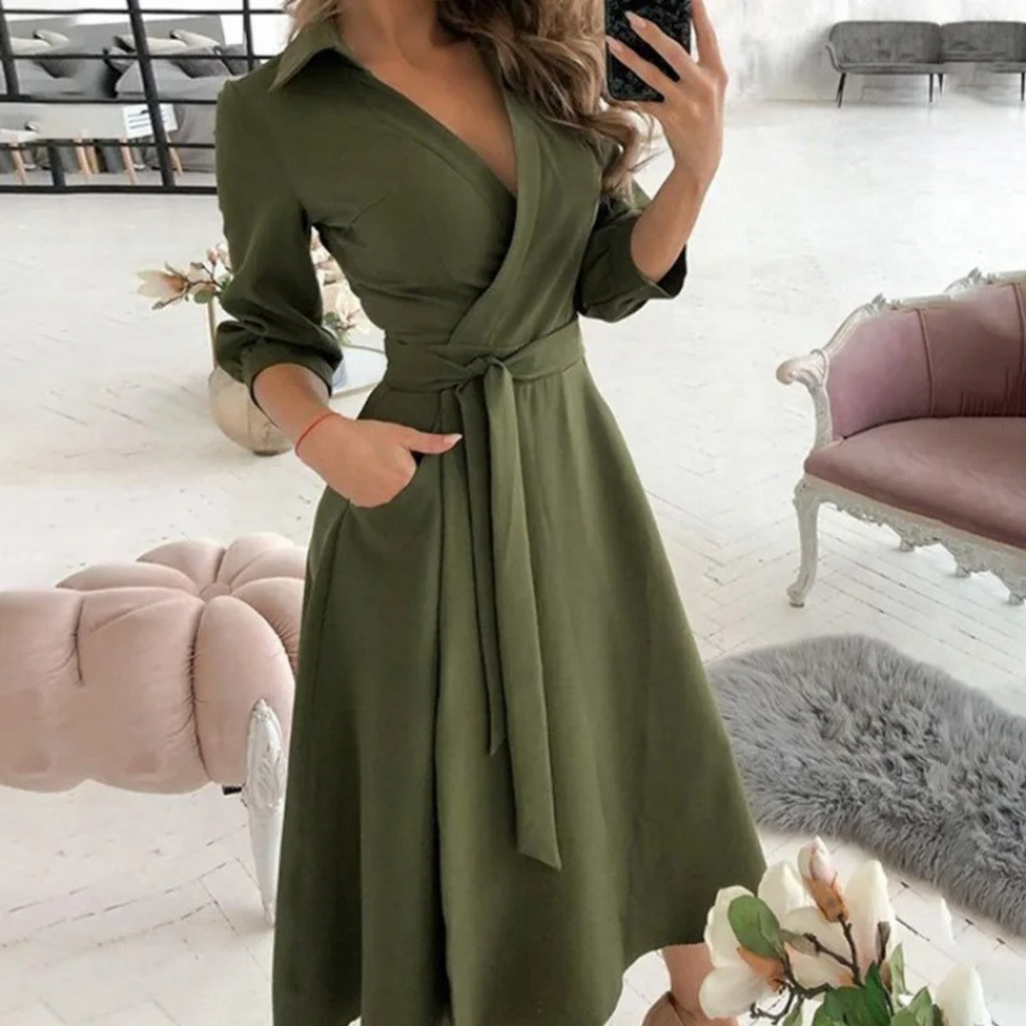 WW | Weiße Gepolsterte Reversband Bequeme Blusenkleid