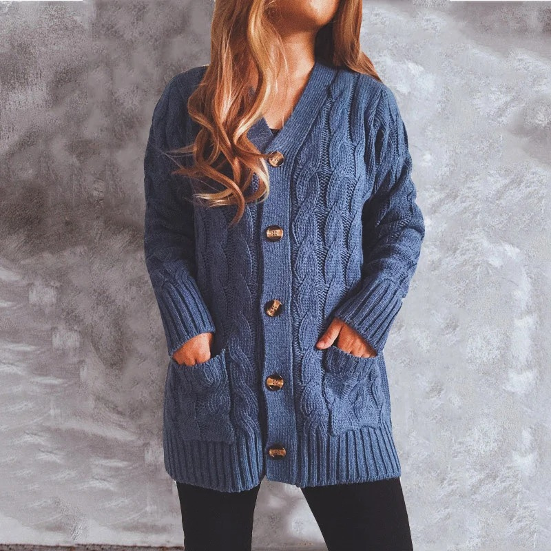 WW | Wollstrickjacke Damen Mit Zopfmuster Und Holzknöpfen, Lockere