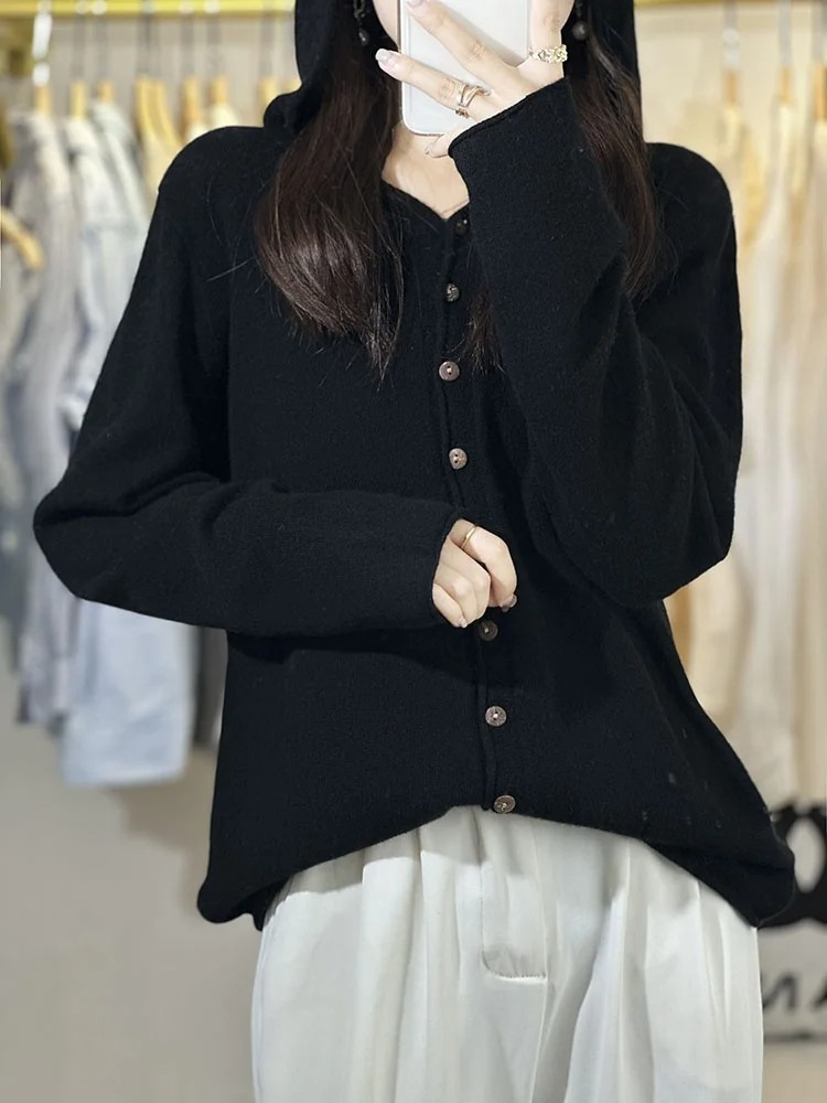 WW | Wollstrickjacke Damen Mit Kapuze Und Knopfleiste, Lässige Passform