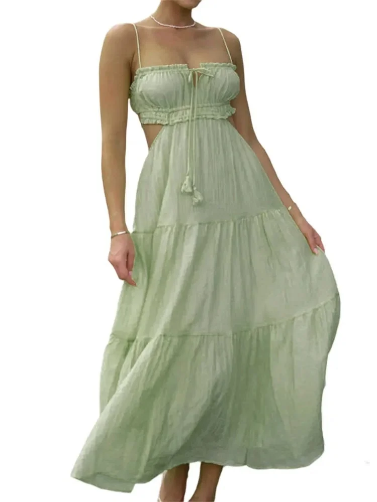 – Langes, ausgestelltes Kleid mit ärmellosen Nähten für Damen