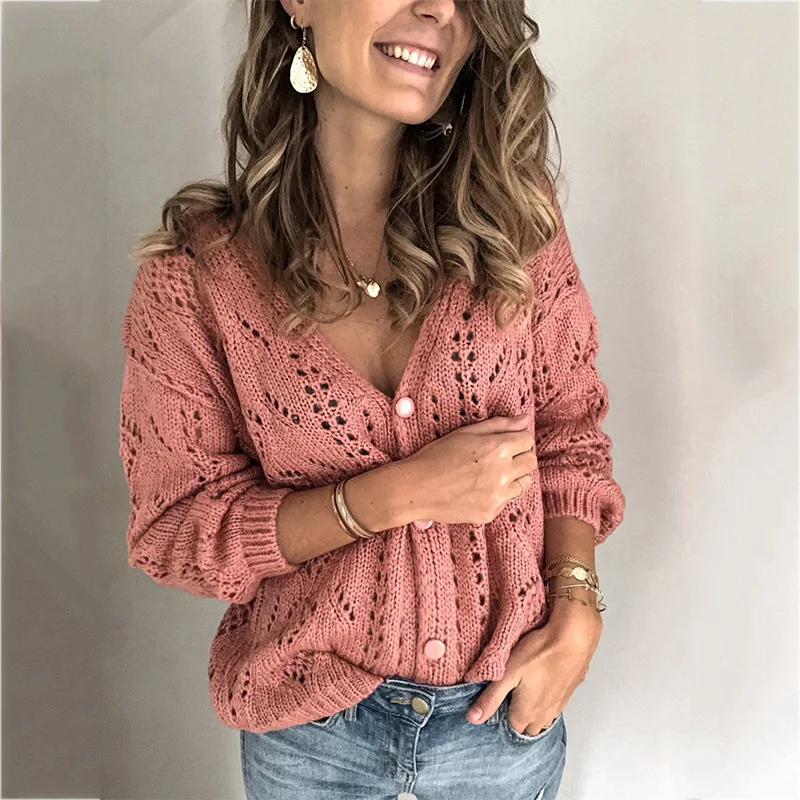 WW | Wollstrickjacke Damen Mit V-ausschnitt Und Lochmuster, Knopfleiste