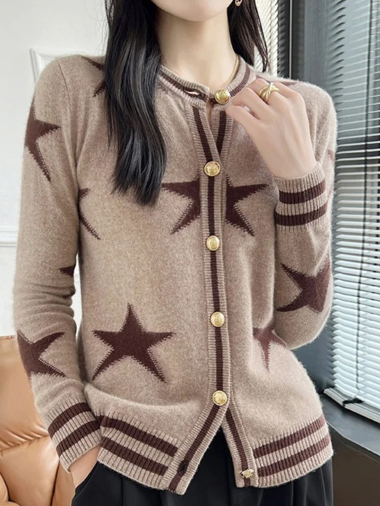 WW | Wollstrickjacke Damen Mit Sternenmuster Und Goldknöpfen