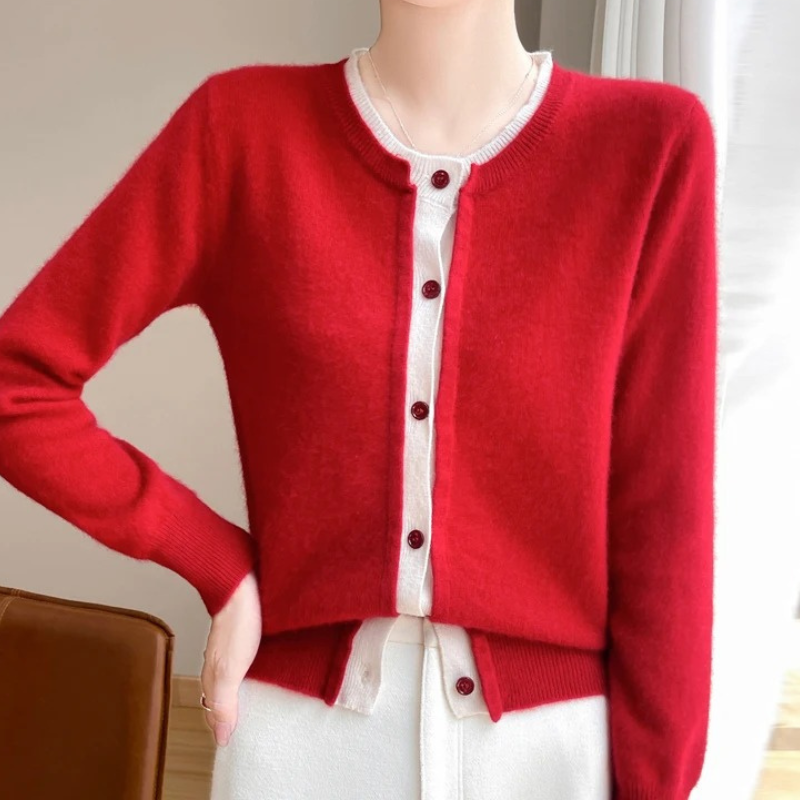 WW | Zweifarbige Wollstrickjacke Damen Mit Rundhalsausschnitt Und Knopfleiste