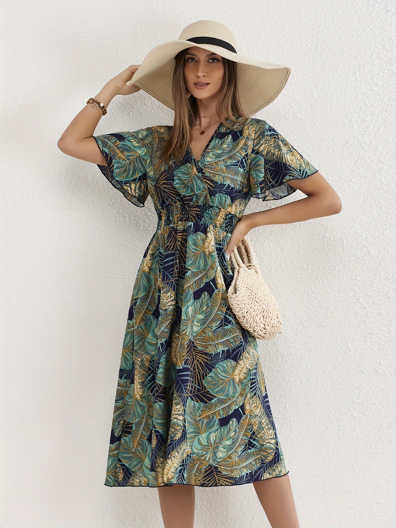 Blätter Druck Geraffte Taille Damen Kleid | Grün