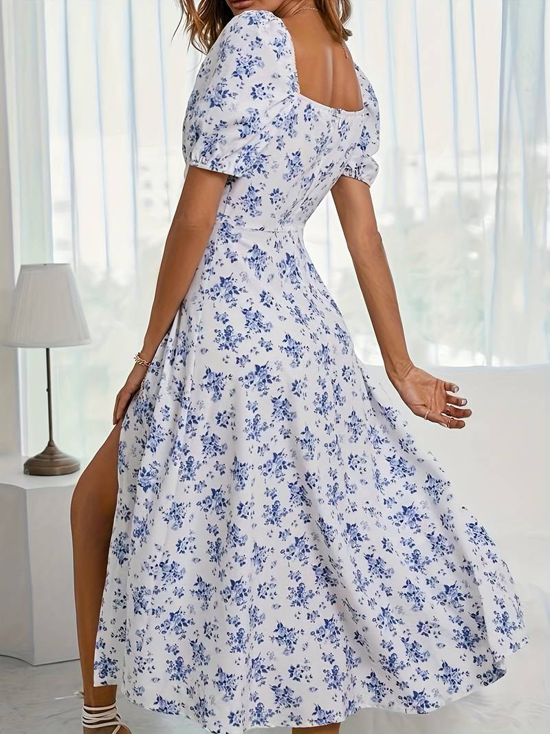– florales a-linien-kleid mit geteiltem saum für den frühling