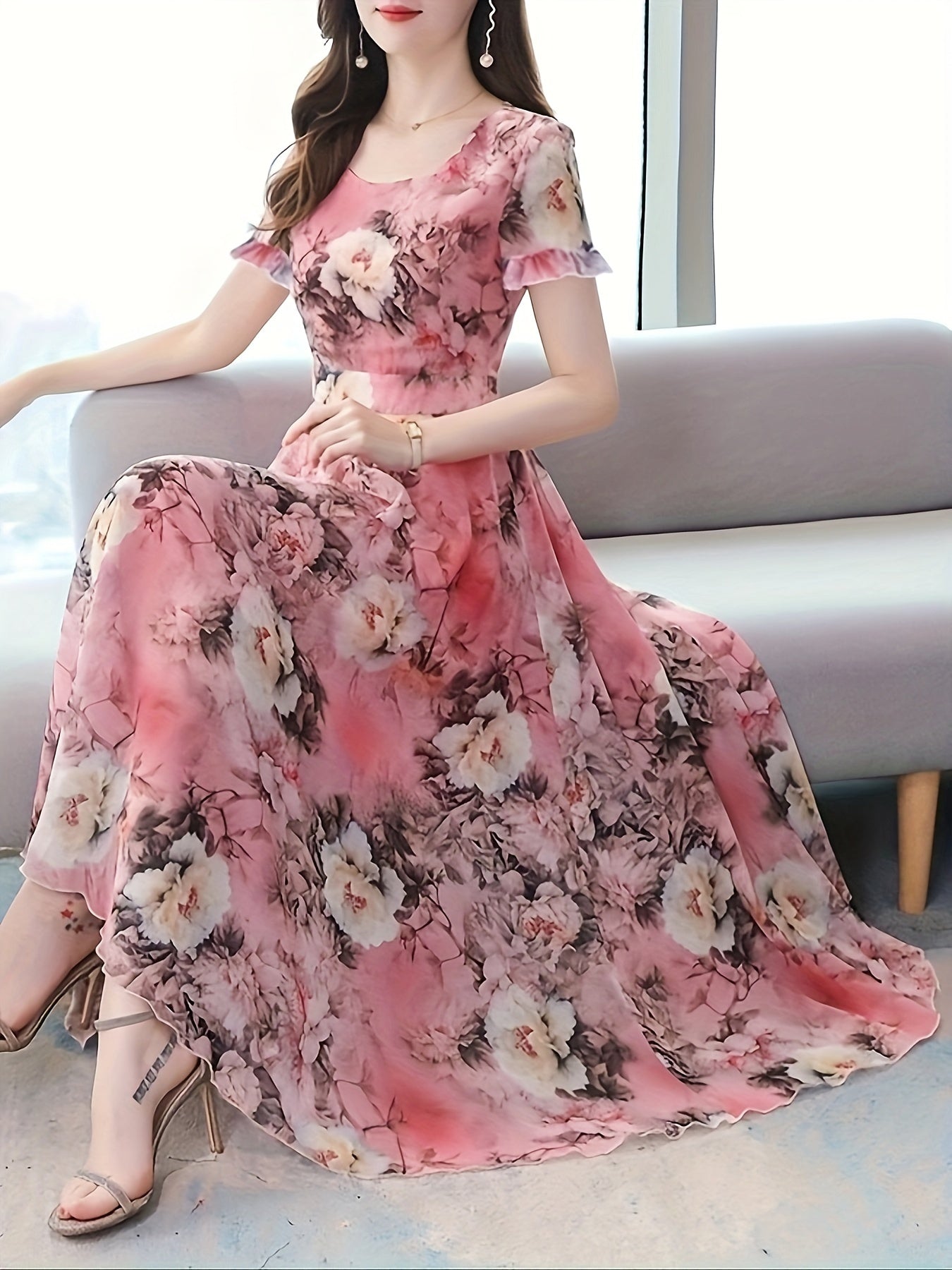Blumen Druck Rundhalsausschnitt Kleid
