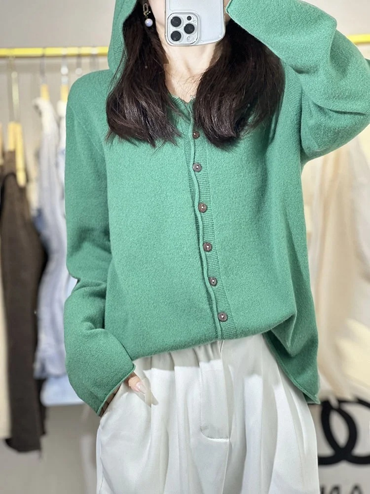 WW | Wollstrickjacke Damen Mit Kapuze Und Knopfleiste, Lässige Passform