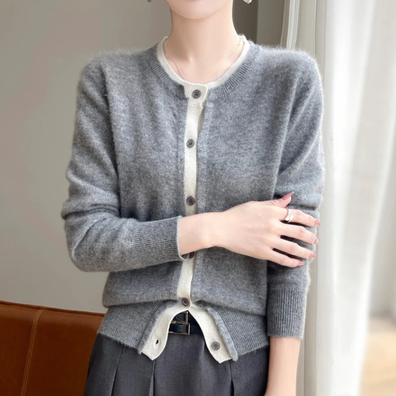 WW | Zweifarbige Wollstrickjacke Damen Mit Rundhalsausschnitt Und Knopfleiste
