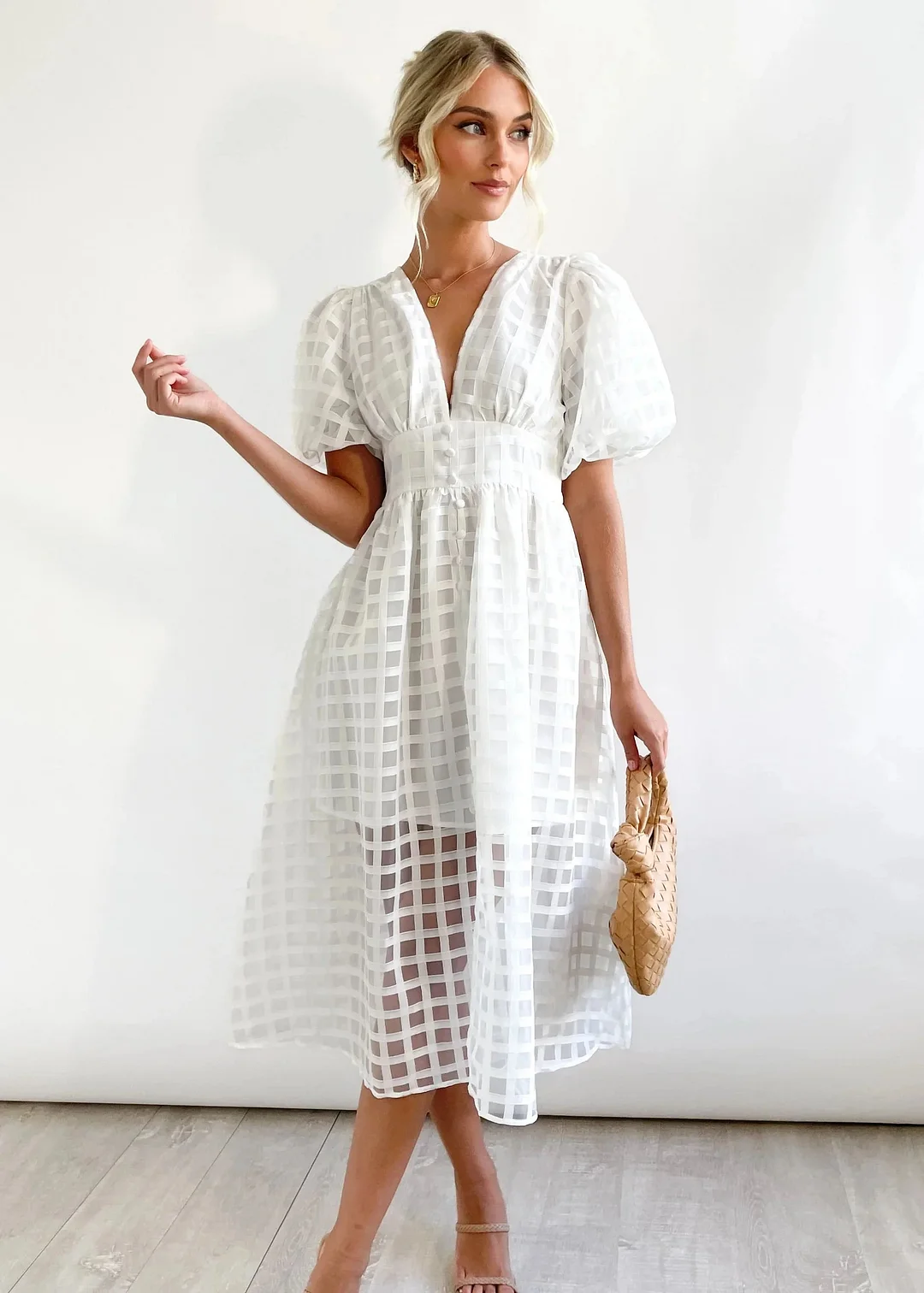 – Beauty-Midikleid aus Stoff mit quadratischem Print und Puffärmeln